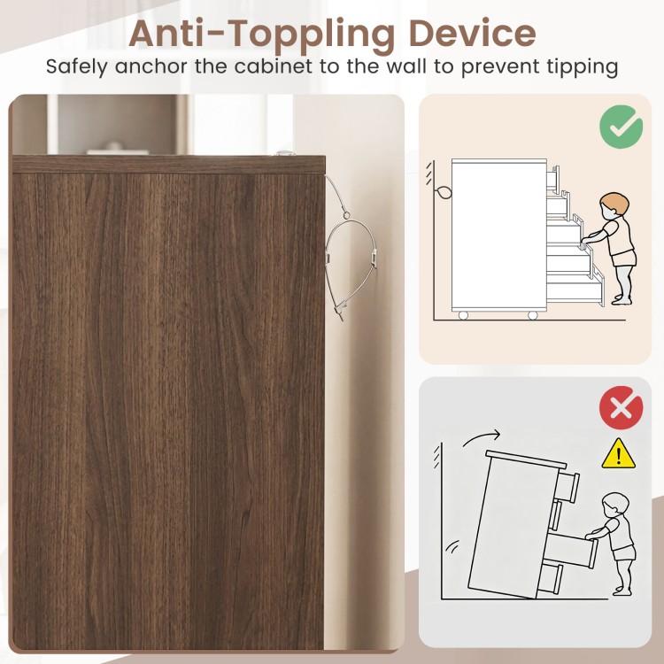 5-drawer storage cabinet on wheels in brown with anti-toppling device for safety and adjustable shelf for versatile.