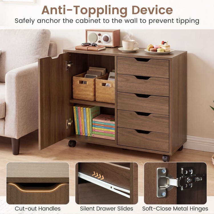 5-drawer storage cabinet on wheels in brown with adjustable shelf, cut-out handles, and anti-toppling device for safety.
