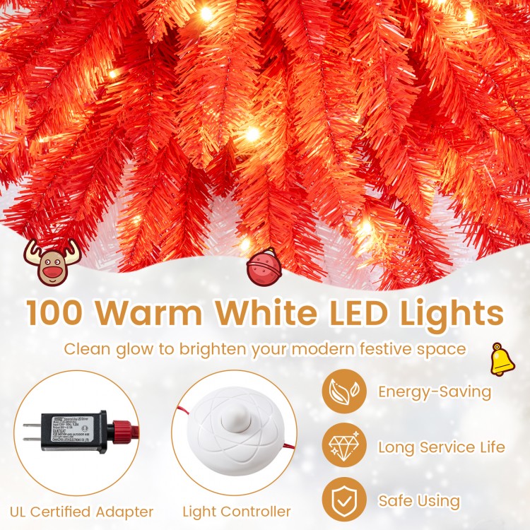 5 FT pre-lit artificial Christmas tree with 301 red and white branch tips, featuring 100 warm white LED lights for.