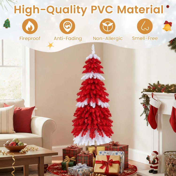 5 FT artificial Christmas tree with 301 red and white branch tips, showcasing its unique layered design for holiday.