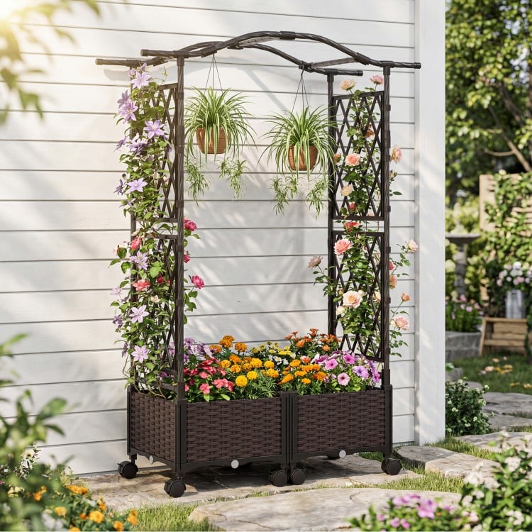 Self-watering planter box with lattice trellis and curved roof, featuring brown PP rattan for vibrant garden growth.