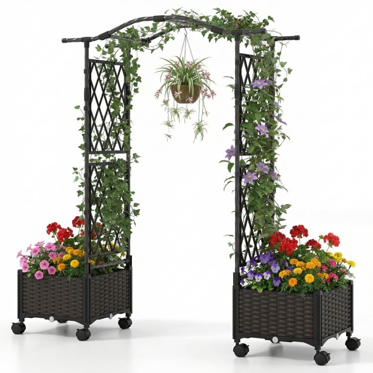 Self-watering planter boxes with lattice trellis and curved roof, designed for vibrant plant growth in outdoor gardens.