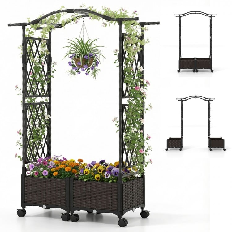 Self-watering planter box with lattice trellis and curved roof, brown PP rattan, ideal for outdoor gardening and plant.