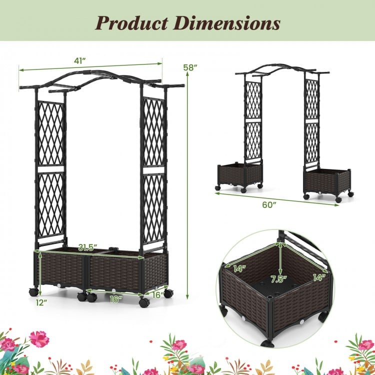 Self-watering planter boxes with lattice trellis and curved roof, featuring brown PP rattan panels for outdoor.