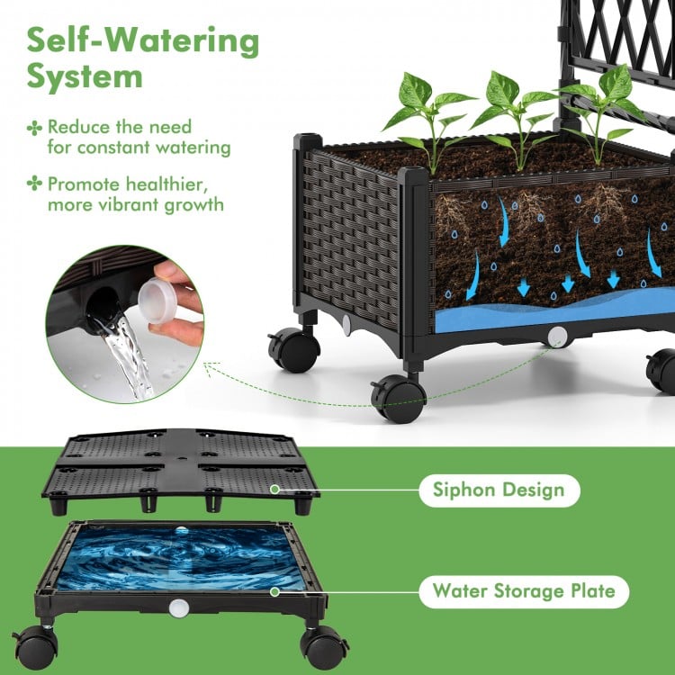 Self-watering planter box with lattice trellis and roof, featuring a durable brown design for vibrant plant growth.