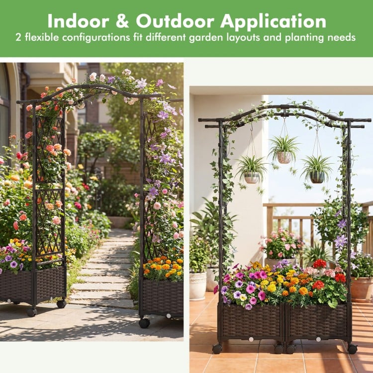 5 FT self-watering planter boxes with lattice trellis and curved roof, ideal for indoor and outdoor gardening setups.