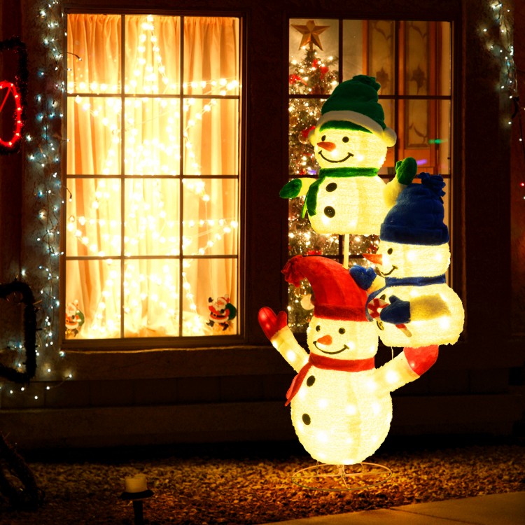 Stacked snowman Christmas decoration with 110 LED lights, featuring three snowmen in hats and scarves for festive.