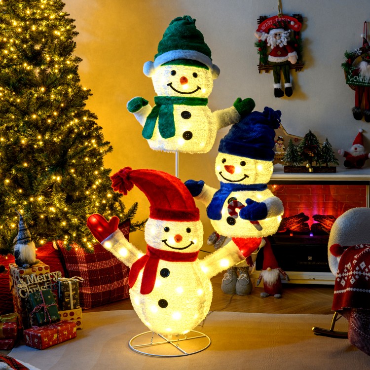 Stacked snowman Christmas decoration with 110 LED lights, featuring velvet fabric and colorful hats for indoor or.