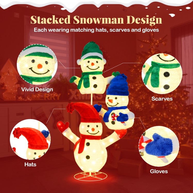 Three stacked snowmen with hats and scarves, featuring 110 LED lights, perfect for indoor and outdoor Christmas.