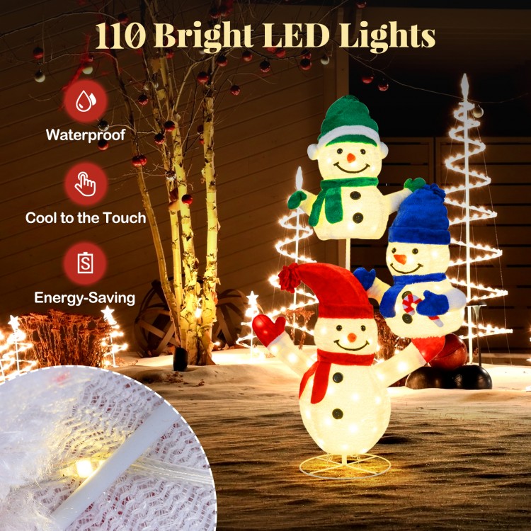 Stacked snowman Christmas decoration with 110 LED lights, made of velvet fabric, perfect for indoor and outdoor use.