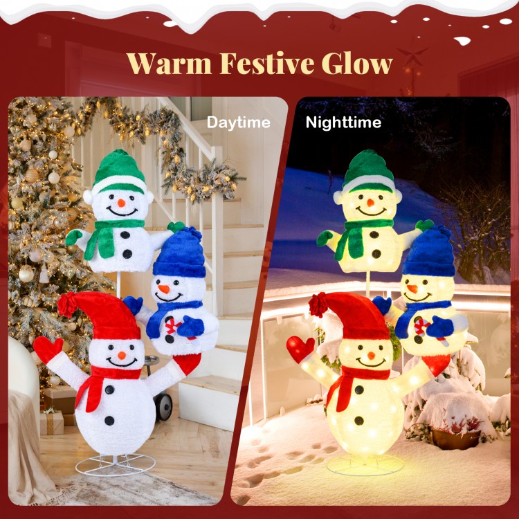 Stacked snowman Christmas decoration featuring 110 LED lights, suitable for indoor and outdoor use, with a soft velvet.