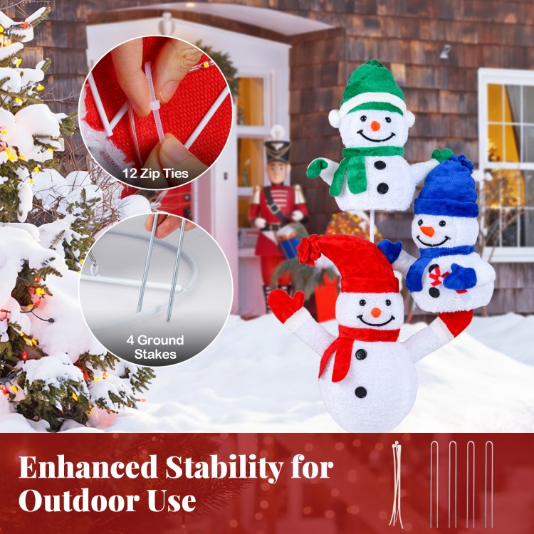 Stacked snowman Christmas decoration with 110 LED lights, featuring sturdy metal frame and zip ties for outdoor.