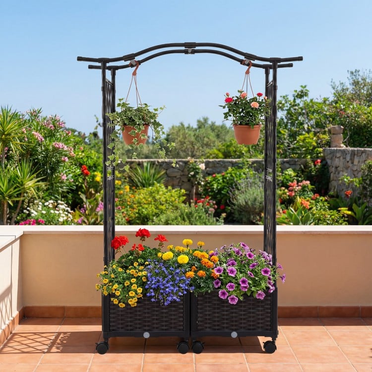 5 FT tall raised garden bed with lockable wheels, featuring a hanging roof and planter boxes for climbing flowers.