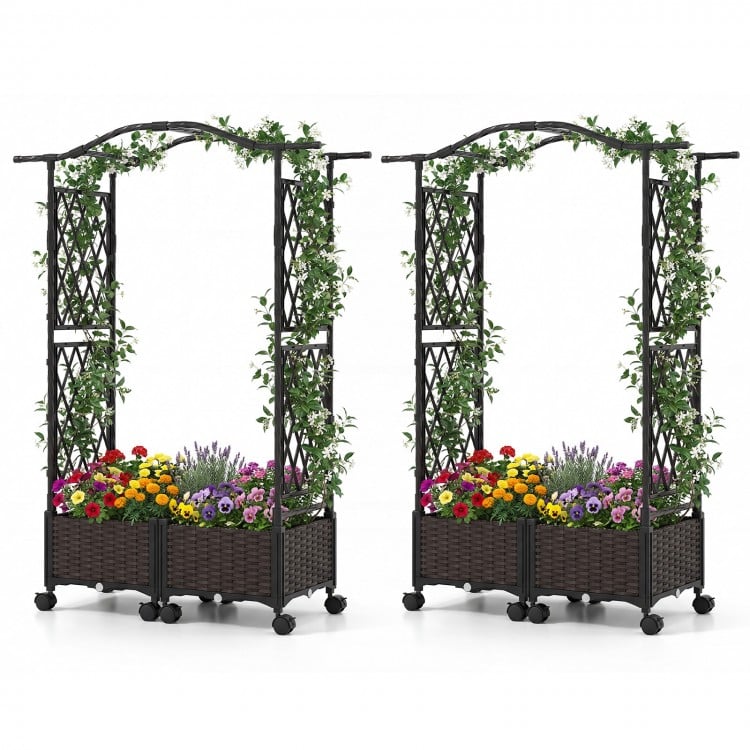 Tall raised garden bed with lockable wheels, trellis for climbing flowers, and two planter boxes in brown.