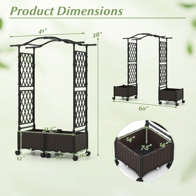 5 FT tall raised garden bed with lockable wheels and hanging roof, featuring planter boxes and climbing trellis for.