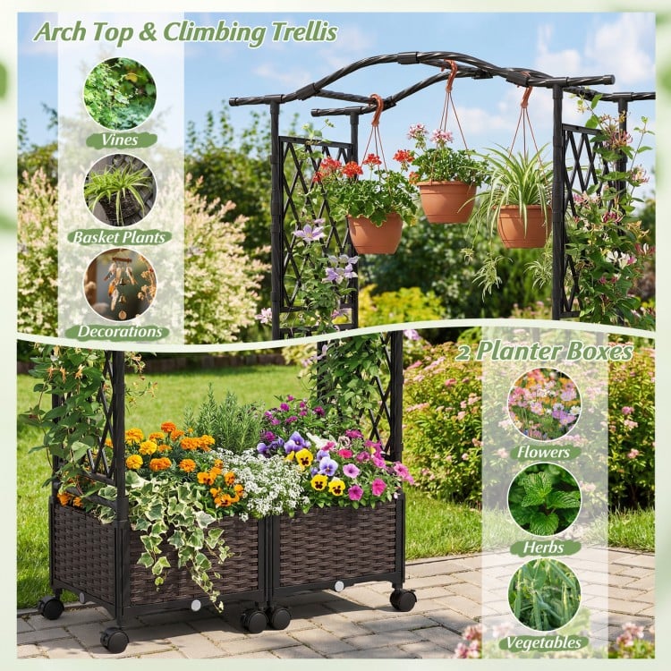 Raised garden bed with lockable wheels, arch top trellis, and two planter boxes for flowers and vegetables.