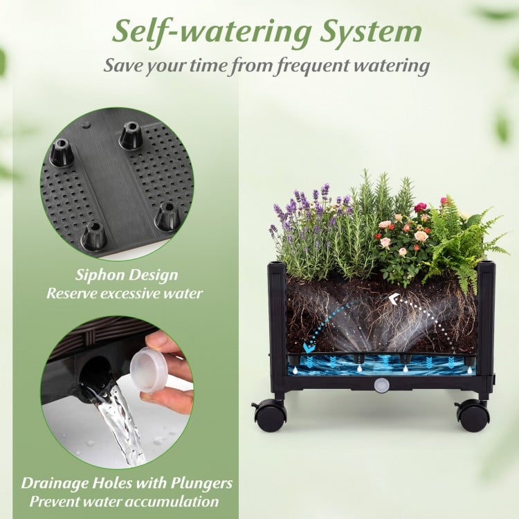 Self-watering raised garden bed with lockable wheels, featuring drainage holes and a climbing trellis for vines.