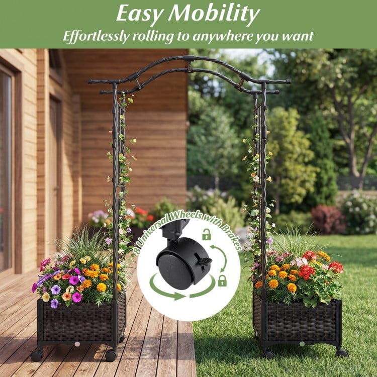 5 FT tall raised garden bed with lockable wheels and hanging roof, featuring planter boxes for climbing flowers and.