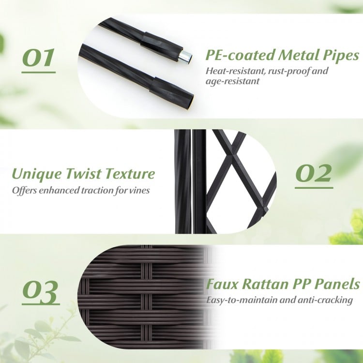 Close-up of faux rattan PP panels with unique twist texture, ideal for climbing flowers in a raised garden bed.
