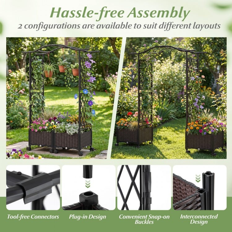 5 FT tall raised garden bed with lockable wheels and hanging roof, featuring a climbing trellis for vines and flowers.