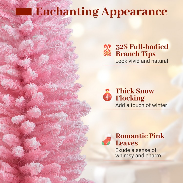 5-foot pink artificial Christmas tree with 328 branch tips and flocked design, perfect for festive home decor.