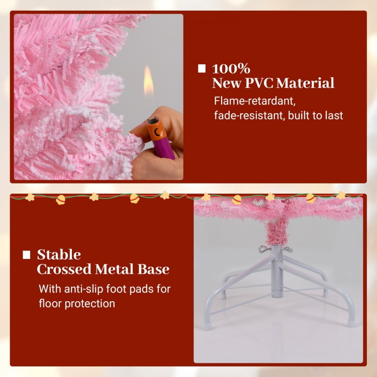 Flocked pink 5 feet artificial Christmas tree with 328 branch tips and stable folding metal stand for festive decor.