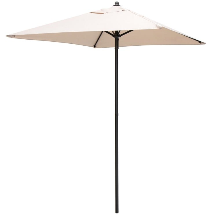 Beige 5 feet patio square market umbrella with a sturdy steel frame and 4 reinforced ribs for outdoor use.