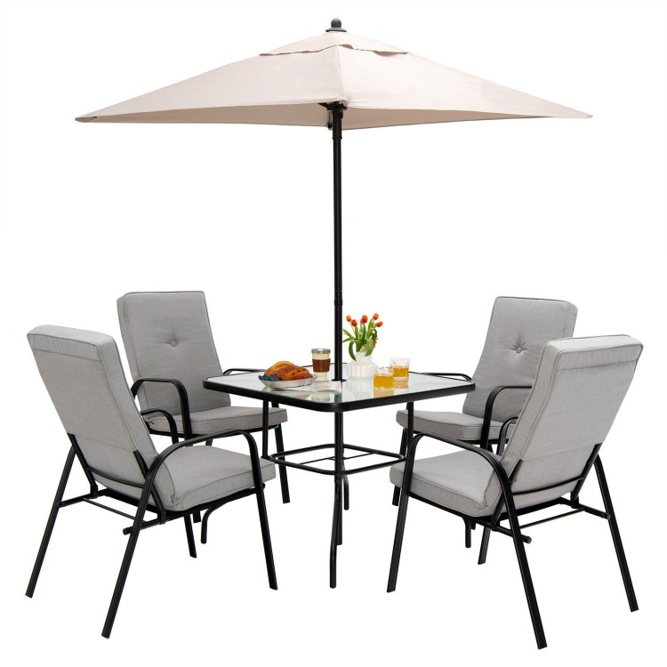 Square patio umbrella with beige canopy and four sturdy chairs, perfect for backyard or poolside relaxation.