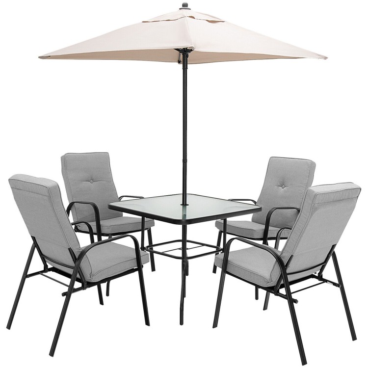 Square patio table with beige umbrella and four gray chairs, perfect for backyard or poolside relaxation.
