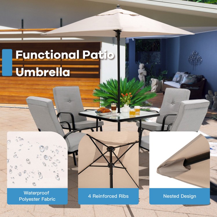 Beige 5 feet square patio umbrella with 4 sturdy ribs, sun-resistant canopy, ideal for backyard and poolside use.