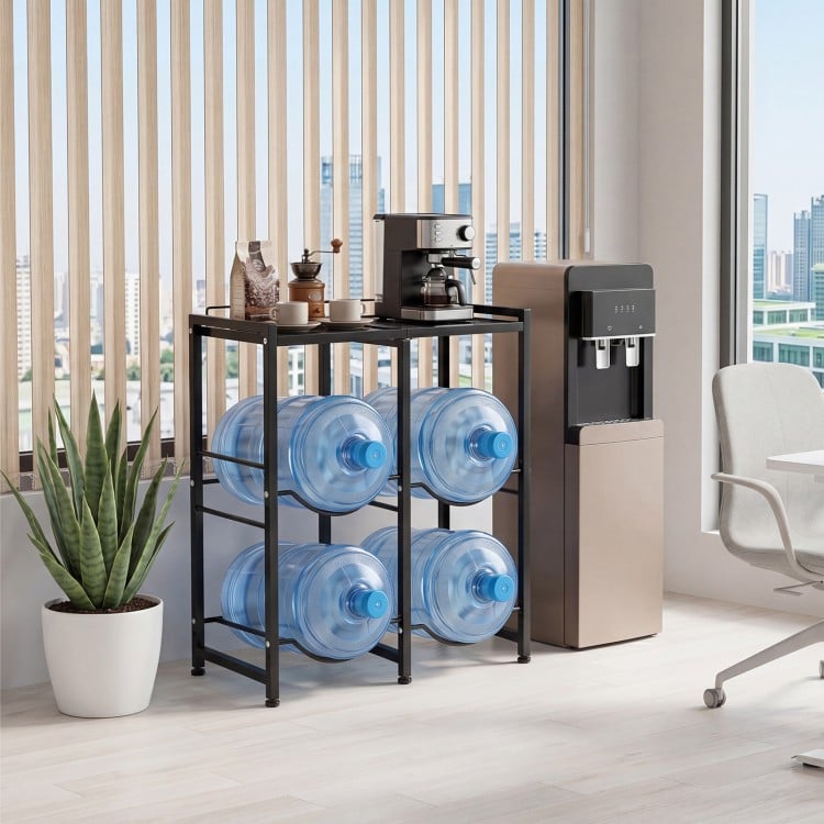 5-gallon water jug holder in black, designed to store 4 bottles with a sturdy carbon steel frame for home or office use.