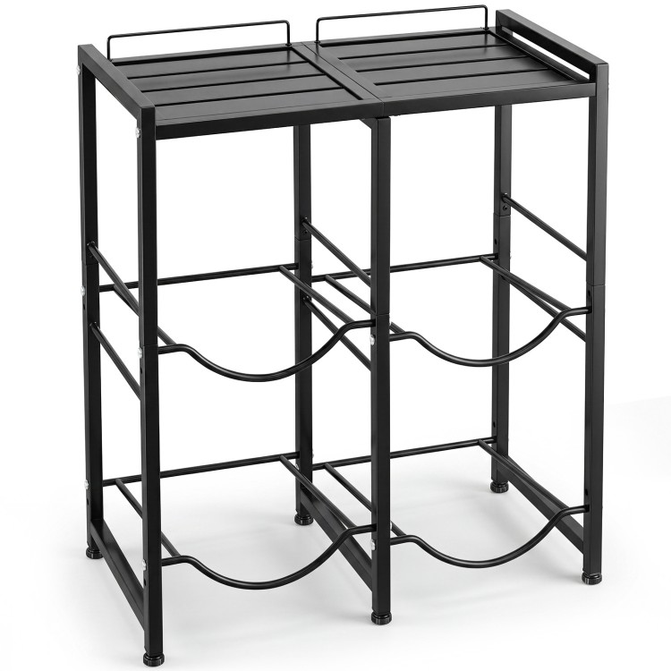 Sturdy black 5-gallon water jug holder for 4 bottles with slatted shelves and anti-rolling guardrails for stability.