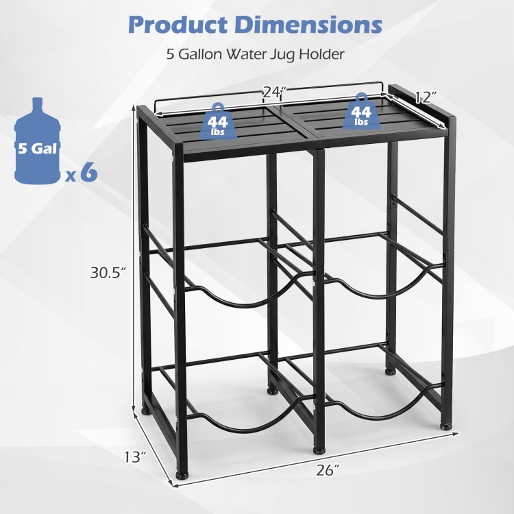5 Gallon Water Jug Holder in black with space-saving design for 4 bottles, featuring a heavy-duty carbon steel frame.