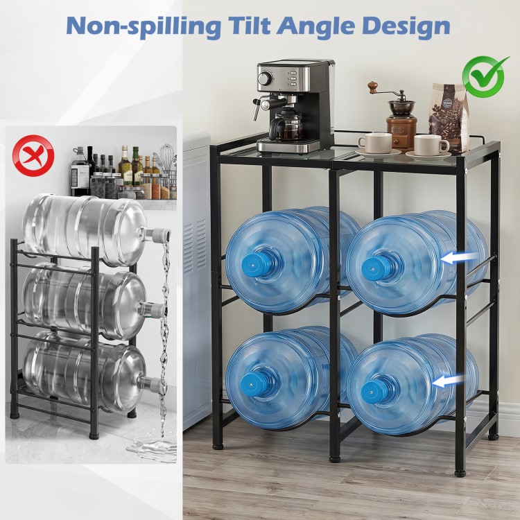 5-gallon water jug holder for 4 bottles features a non-spilling tilt angle design and heavy-duty carbon steel frame.