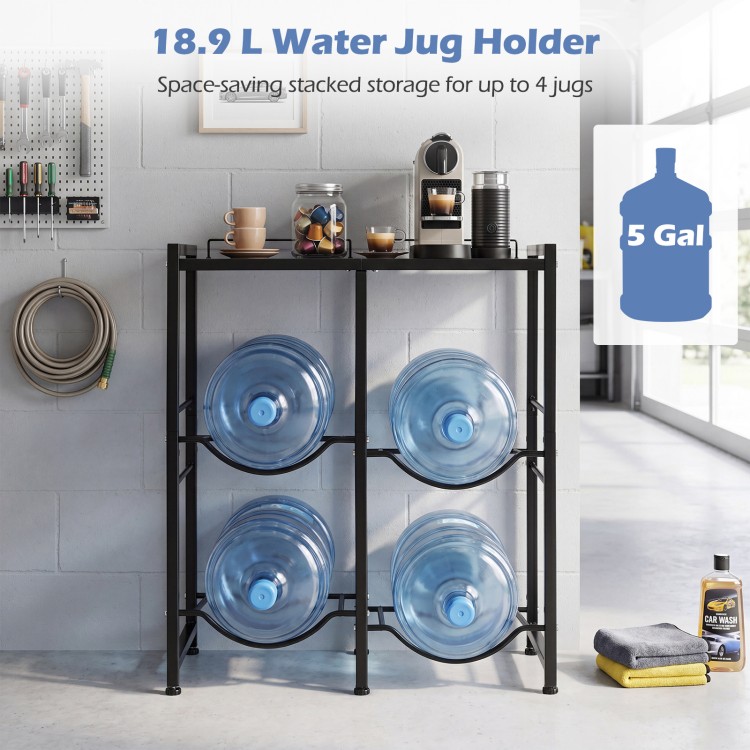 5-gallon water jug holder in black for up to 4 bottles, featuring a heavy-duty frame and slatted shelf design for ventilation.