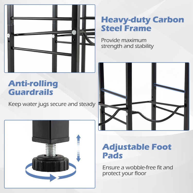 Heavy-duty carbon steel 5-gallon water jug holder with anti-rolling guardrails and adjustable foot pads for stability.