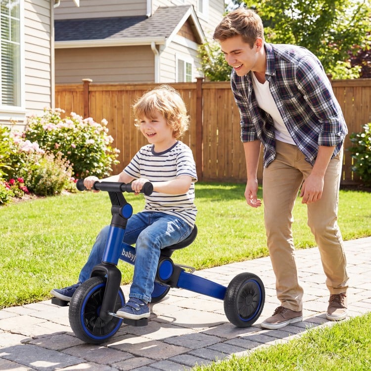 Blue 5-in-1 toddler bike with removable pedals, adjustable handlebar, and comfortable seat for outdoor fun.