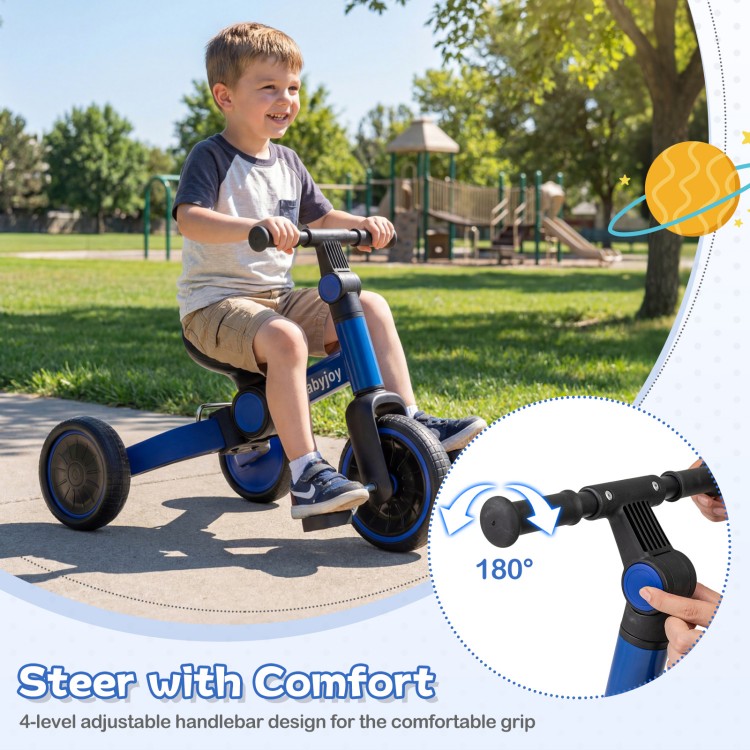 Toddler bike in blue with adjustable handlebar, removable pedals, and comfortable seat for versatile riding.
