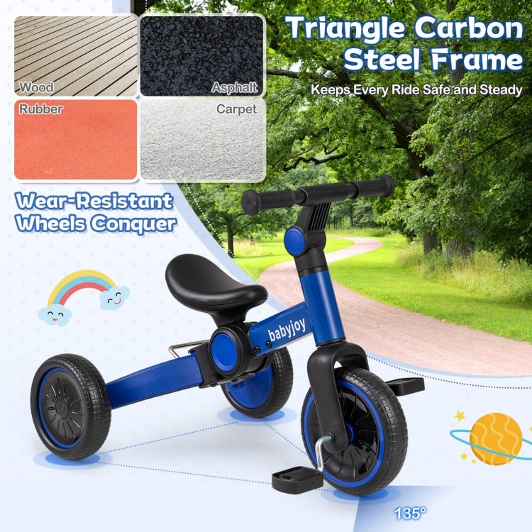 Blue 5-in-1 toddler bike with a triangle carbon steel frame, removable pedals, and wear-resistant wheels for versatile.
