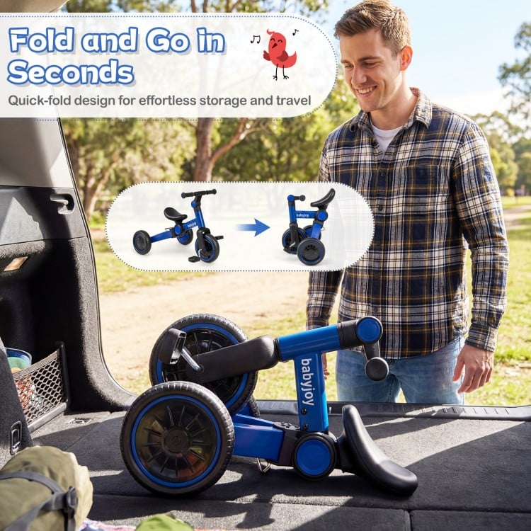 5-in-1 toddler bike in blue, featuring a quick-fold design for easy storage and travel, shown in a compact position.