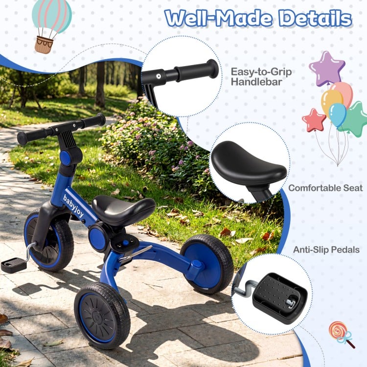 Toddler bike in blue with easy-to-grip handlebar, comfortable seat, and anti-slip pedals for safe riding.