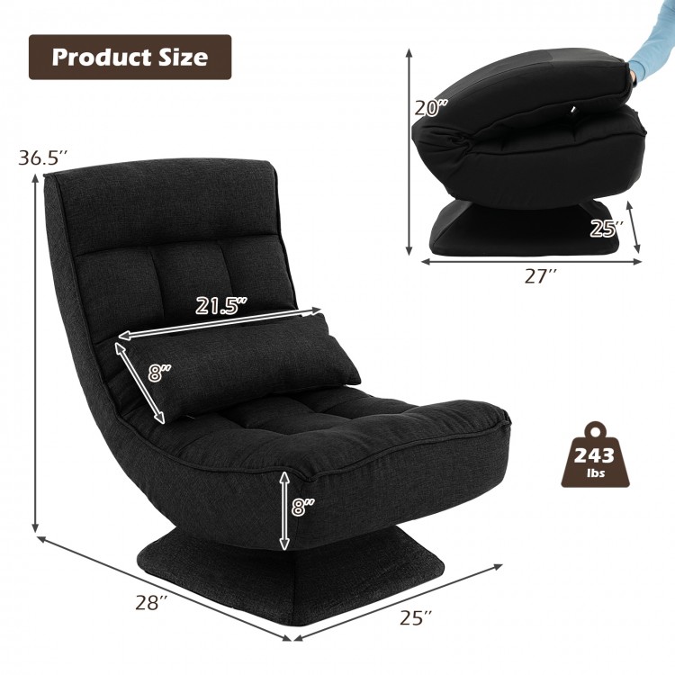 5-level adjustable black floor chair with massage pillow, 360° swivel base, ideal for gaming or relaxing.