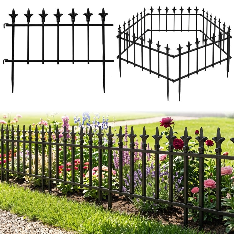 Decorative metal garden fence features a sturdy design with fleur-de-lis finials, perfect for elegant landscaping solutions.