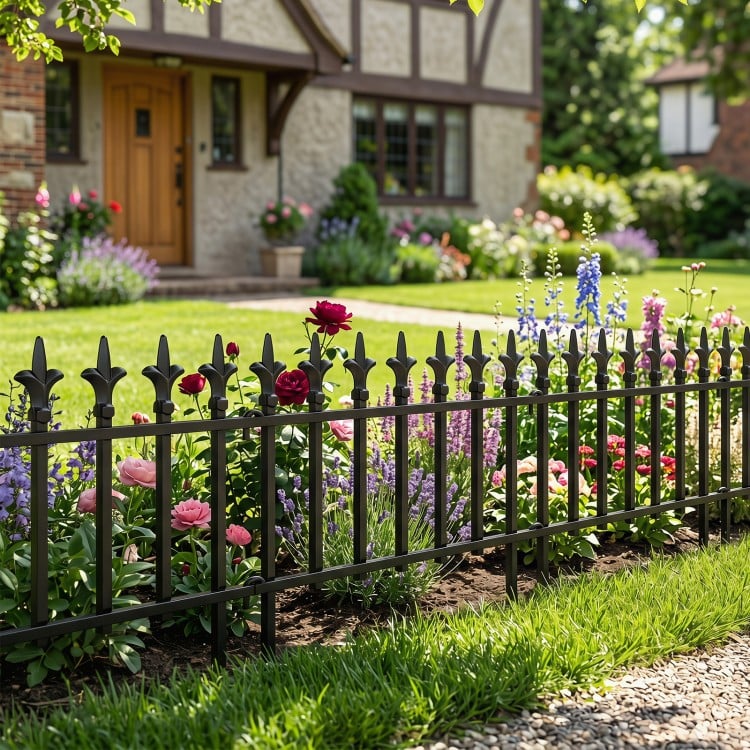 Decorative metal garden fence with fleur-de-lis finials, ideal for flower beds and easy no-dig installation.