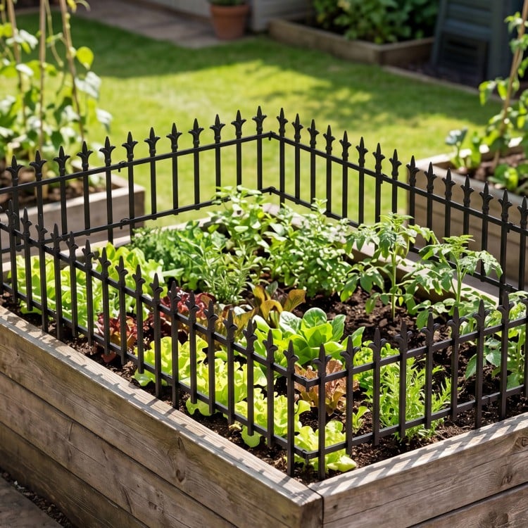 Decorative metal garden fence with fleur-de-lis finials, ideal for protecting plants in flower beds and courtyards.