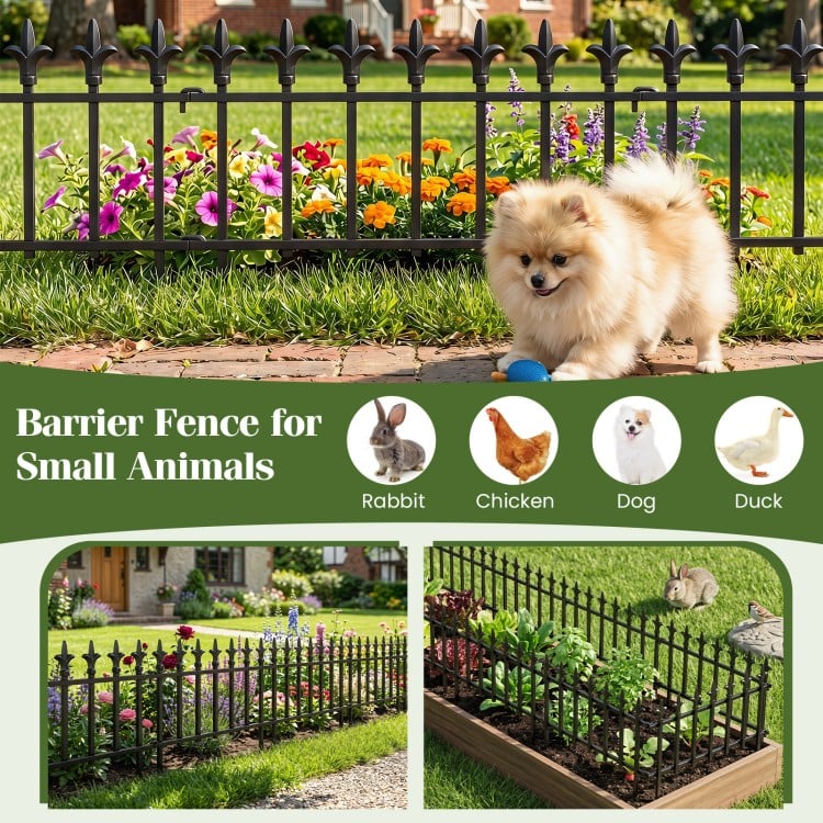 Decorative metal garden fence with fleur-de-lis finials, ideal for protecting plants from small animals in various configurations.