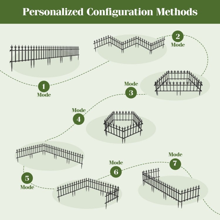 Decorative metal garden fence set includes 5/10 pieces for versatile configurations, ideal for protecting plants outdoors.