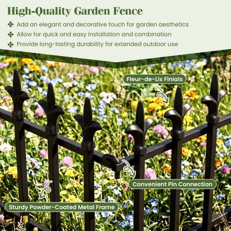 Decorative metal garden fence with fleur-de-lis finials, sturdy powder-coated frame, ideal for protecting plants outdoors.
