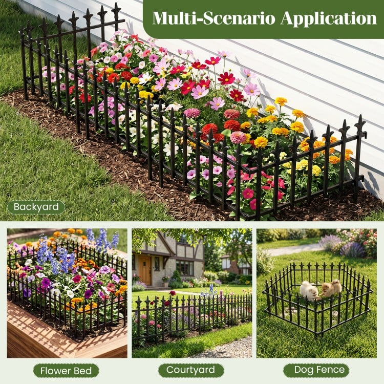 Decorative metal garden fence with fleur-de-lis finials, ideal for flower beds, courtyards, and dog fencing.
