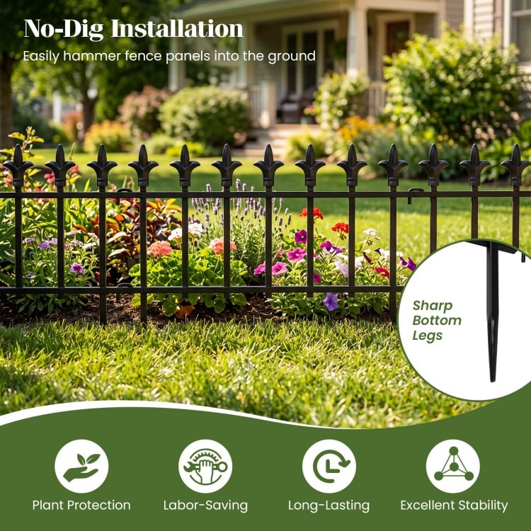 Decorative metal garden fence with fleur-de-lis finials, 9 ft length, ideal for plant protection and no-dig installation.